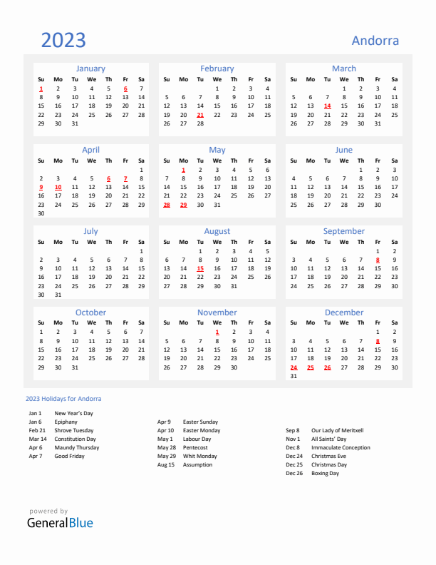 Basic Yearly Calendar with Holidays in Andorra for 2023 