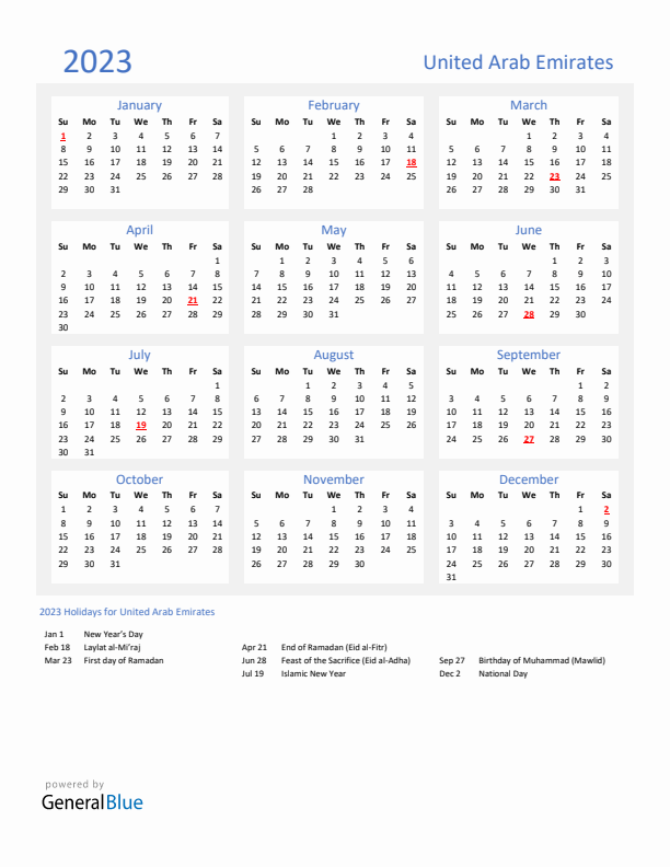 Basic Yearly Calendar with Holidays in United Arab Emirates for 2023 