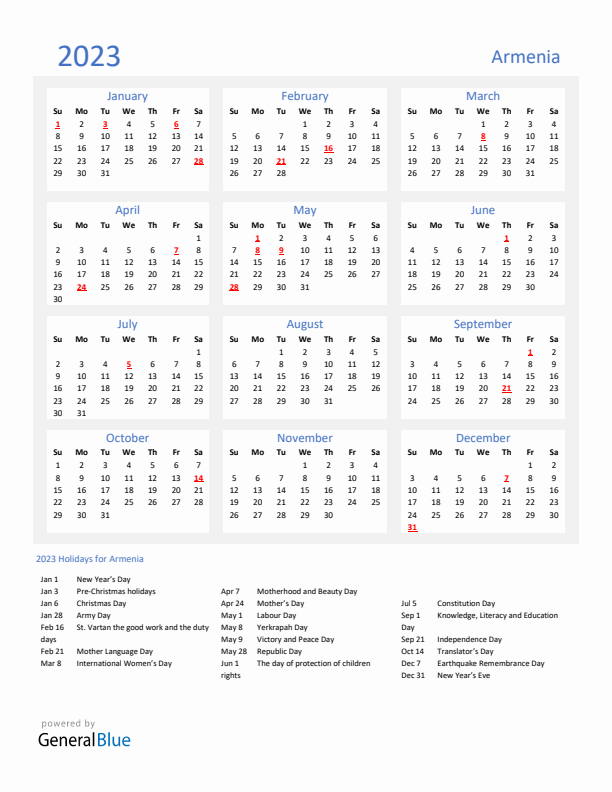 Basic Yearly Calendar with Holidays in Armenia for 2023 