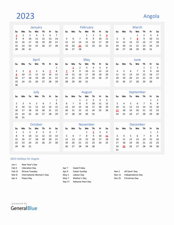 Basic Yearly Calendar with Holidays in Angola for 2023 