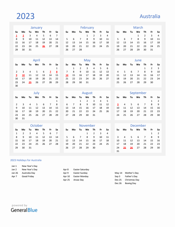 Basic Yearly Calendar with Holidays in Australia for 2023 