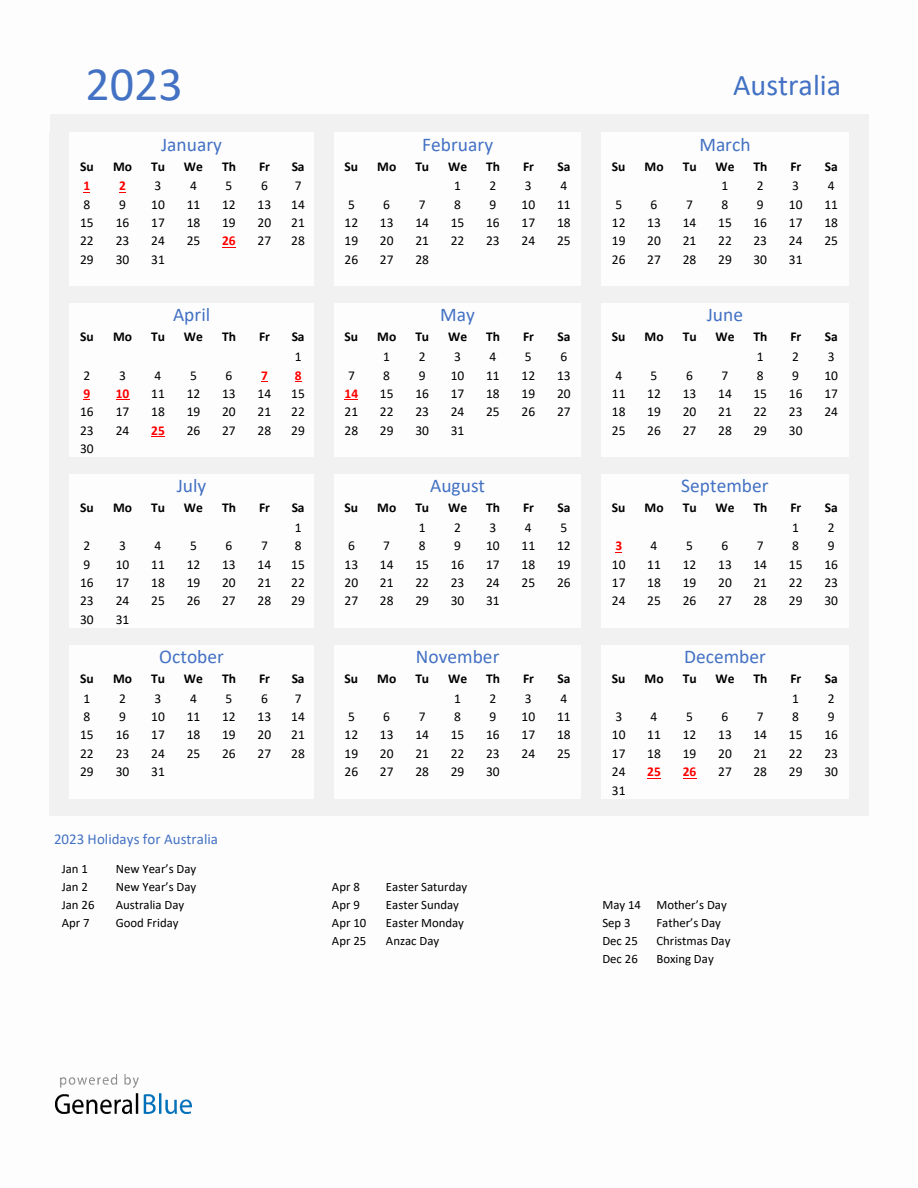 Basic Yearly Calendar with Holidays in Australia for 2023