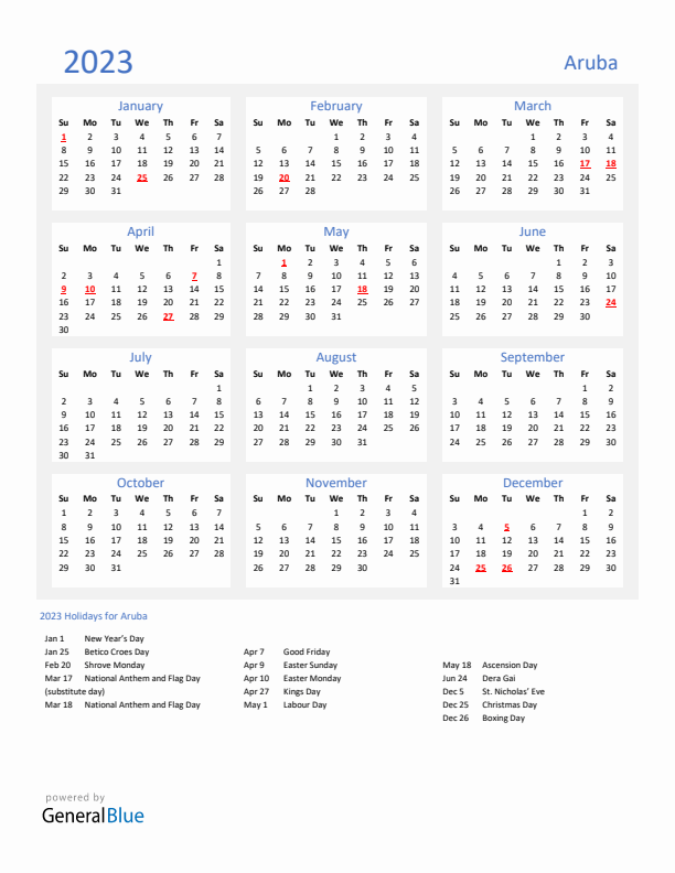 Basic Yearly Calendar with Holidays in Aruba for 2023 