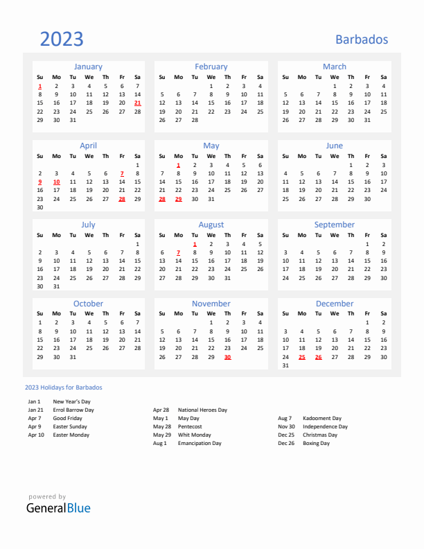 Basic Yearly Calendar with Holidays in Barbados for 2023 