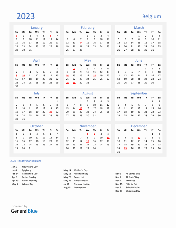 Basic Yearly Calendar with Holidays in Belgium for 2023 