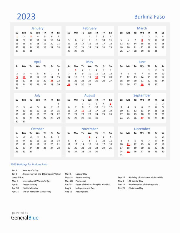 Basic Yearly Calendar with Holidays in Burkina Faso for 2023 
