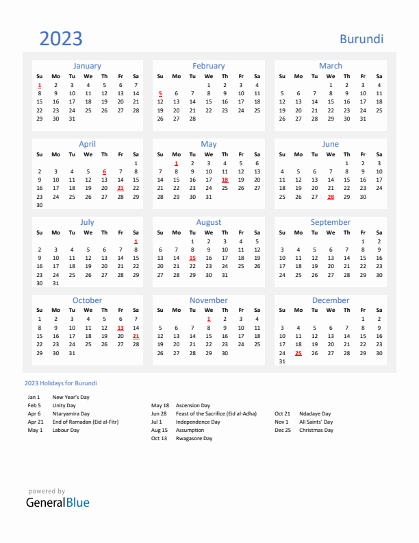 Basic Yearly Calendar with Holidays in Burundi for 2023 