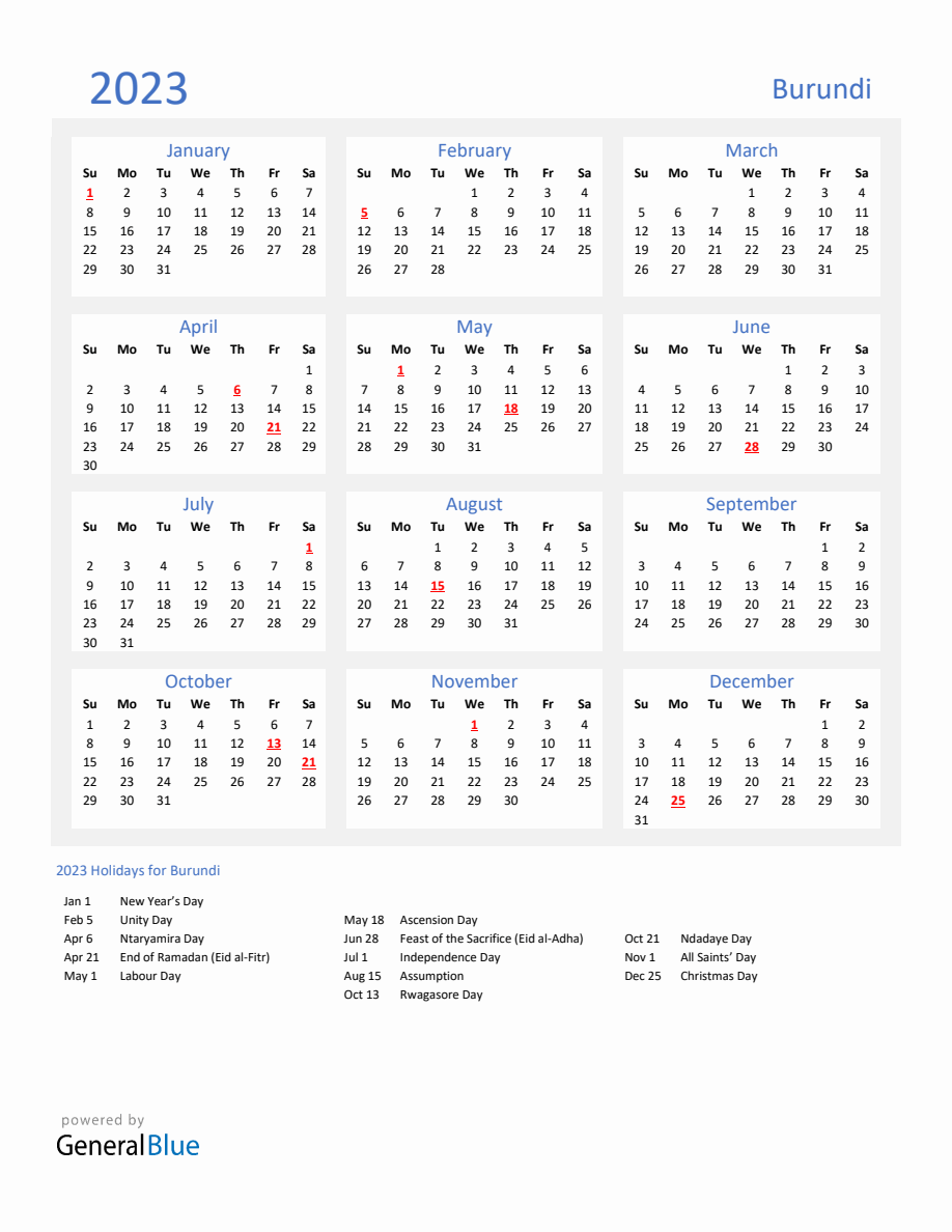 Basic Yearly Calendar with Holidays in Burundi for 2023
