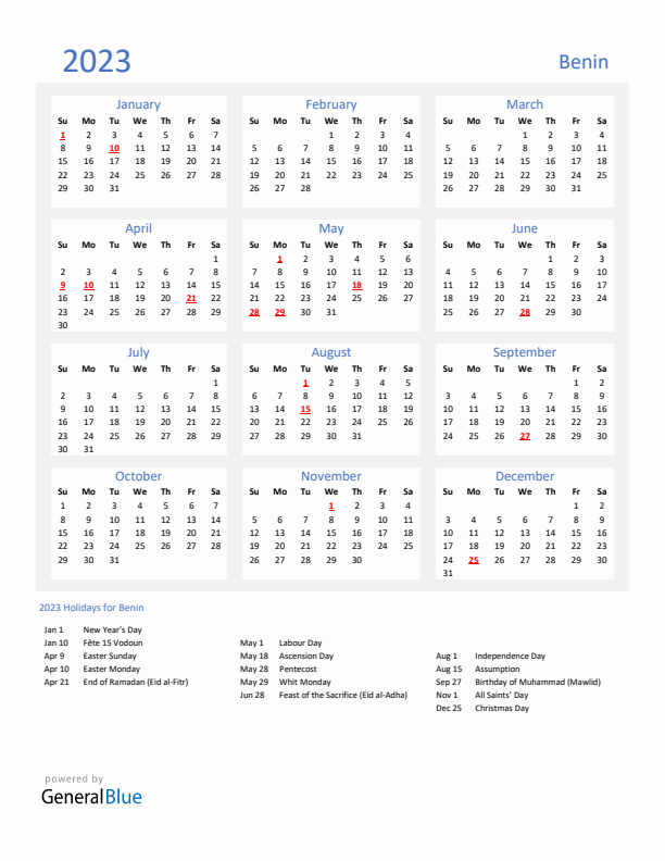 Basic Yearly Calendar with Holidays in Benin for 2023 