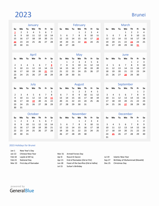 Basic Yearly Calendar with Holidays in Brunei for 2023 