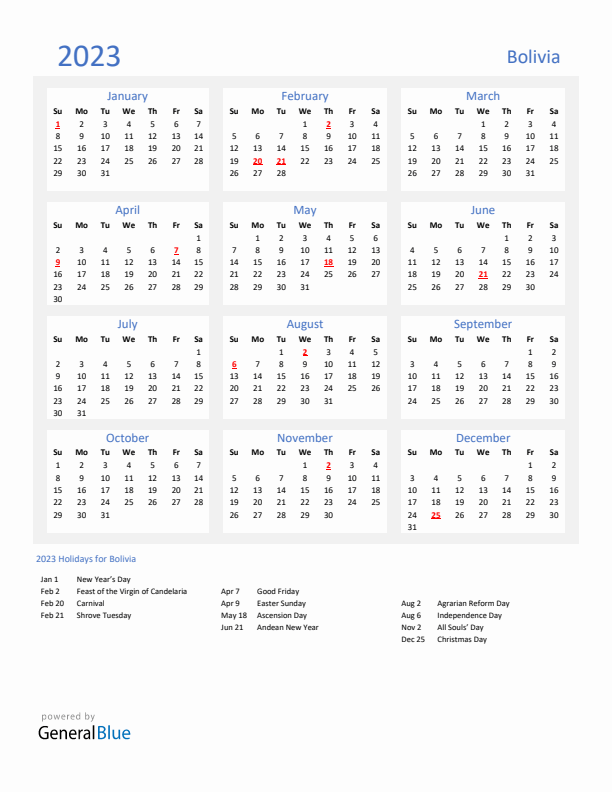 Basic Yearly Calendar with Holidays in Bolivia for 2023 