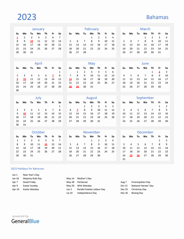 Basic Yearly Calendar with Holidays in Bahamas for 2023 