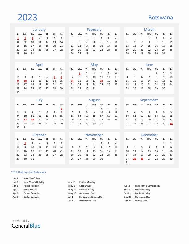 Basic Yearly Calendar with Holidays in Botswana for 2023 