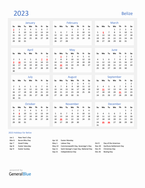 Basic Yearly Calendar with Holidays in Belize for 2023 