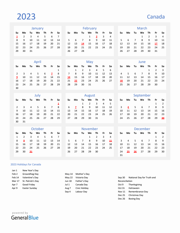 Basic Yearly Calendar with Holidays in Canada for 2023 