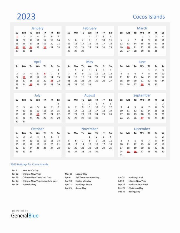 Basic Yearly Calendar with Holidays in Cocos Islands for 2023 