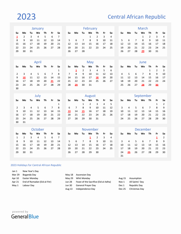 Basic Yearly Calendar with Holidays in Central African Republic for 2023 