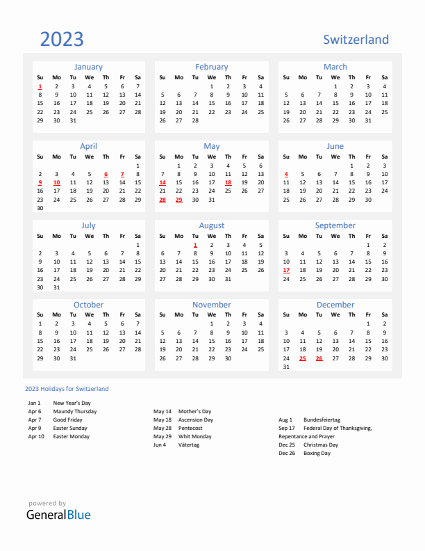 Basic Yearly Calendar with Holidays in Switzerland for 2023 