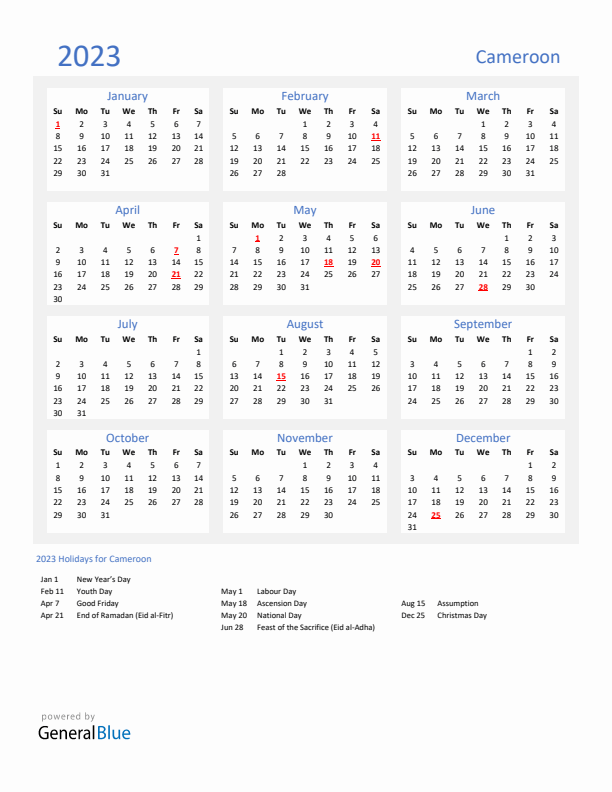 Basic Yearly Calendar with Holidays in Cameroon for 2023 