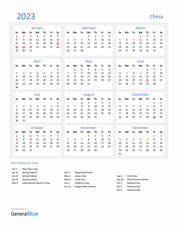 Basic Yearly Calendar with Holidays in China for 2023 