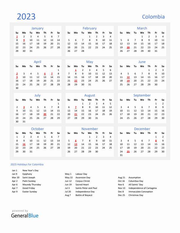 Basic Yearly Calendar with Holidays in Colombia for 2023 
