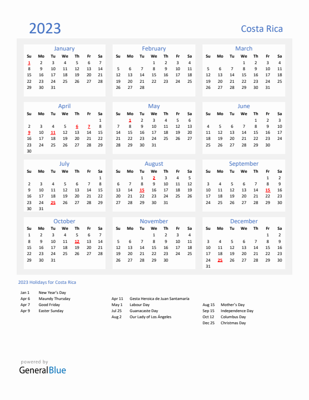 Basic Yearly Calendar with Holidays in Costa Rica for 2023 