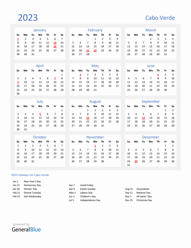 Basic Yearly Calendar with Holidays in Cabo Verde for 2023 