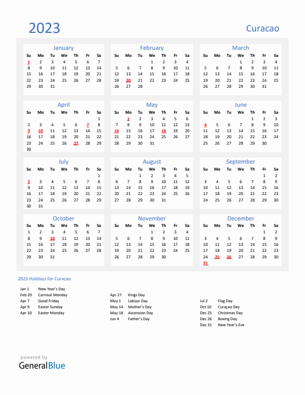 Basic Yearly Calendar with Holidays in Curacao for 2023 