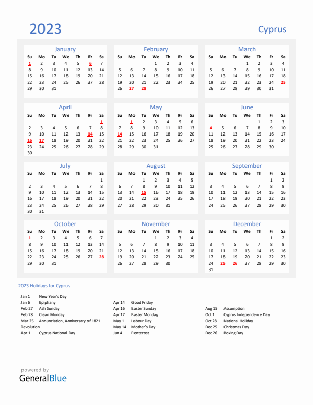 Basic Yearly Calendar with Holidays in Cyprus for 2023 