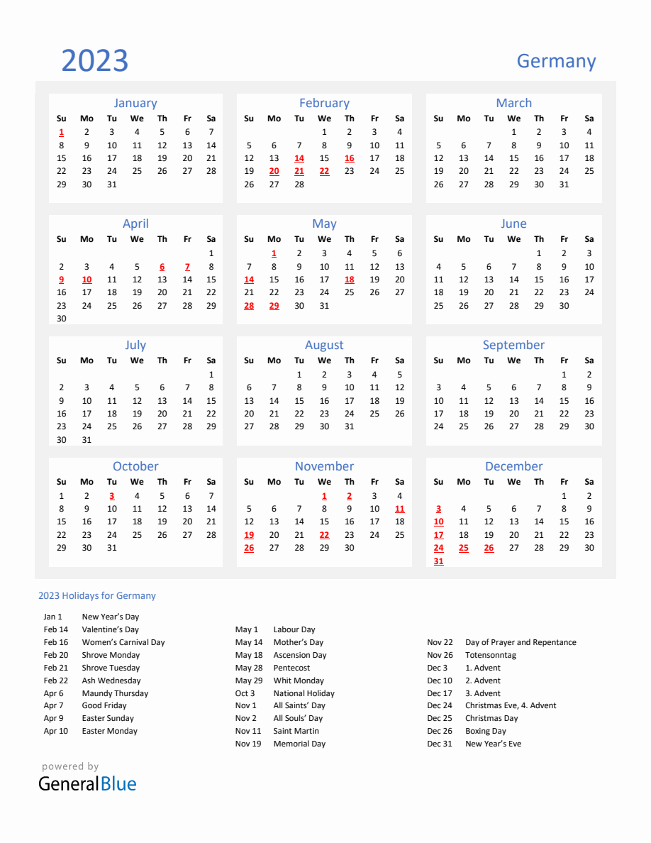 Basic Yearly Calendar with Holidays in Germany for 2023