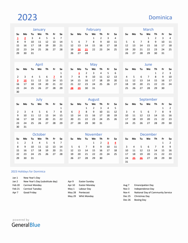 Basic Yearly Calendar with Holidays in Dominica for 2023 
