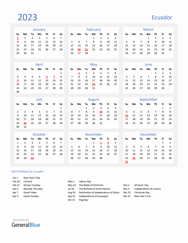 Basic Yearly Calendar with Holidays in Ecuador for 2023 