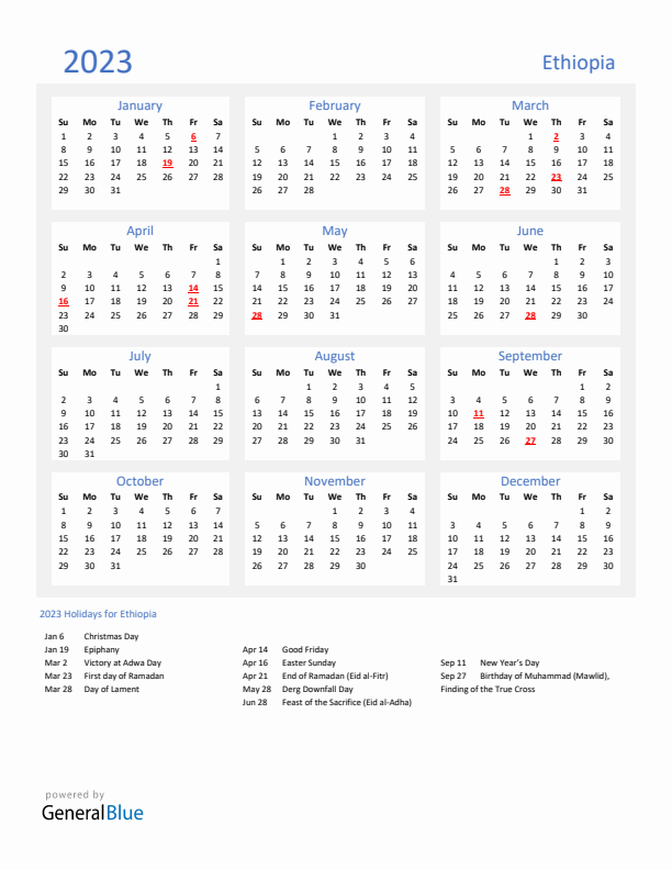 Basic Yearly Calendar with Holidays in Ethiopia for 2023 