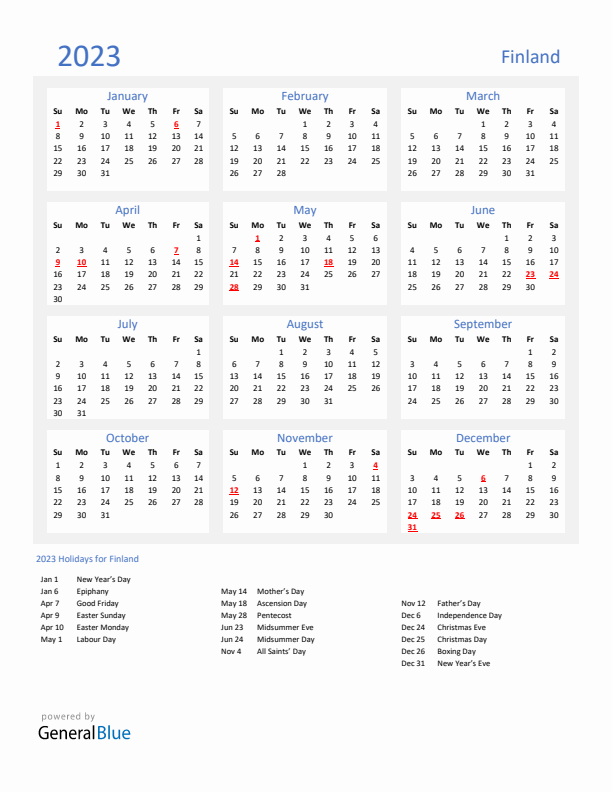 Basic Yearly Calendar with Holidays in Finland for 2023 