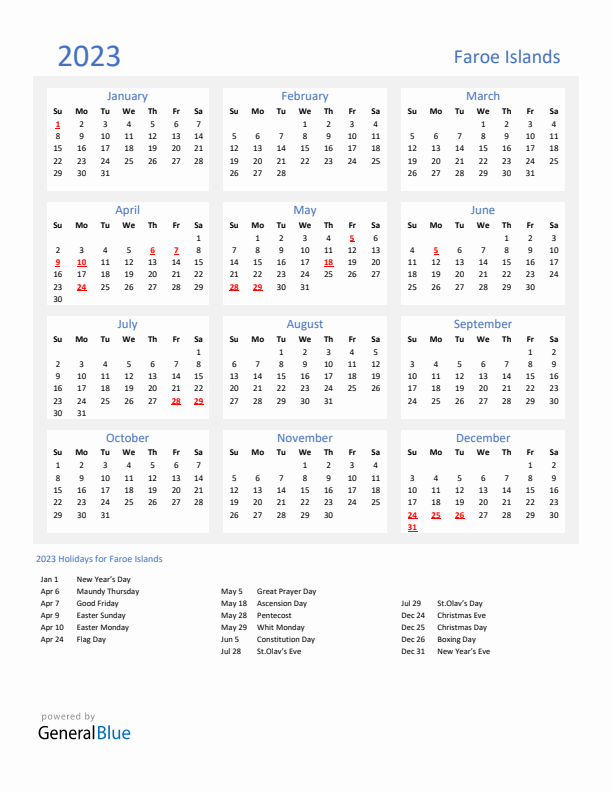 Basic Yearly Calendar with Holidays in Faroe Islands for 2023 