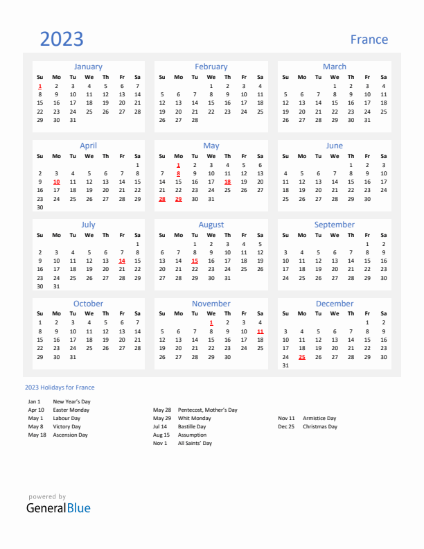 Basic Yearly Calendar with Holidays in France for 2023 