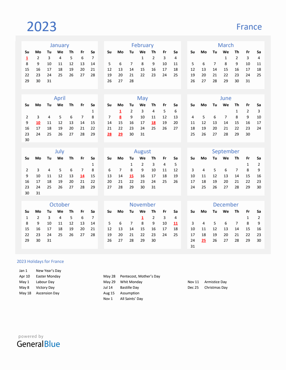 Basic Yearly Calendar with Holidays in France for 2023