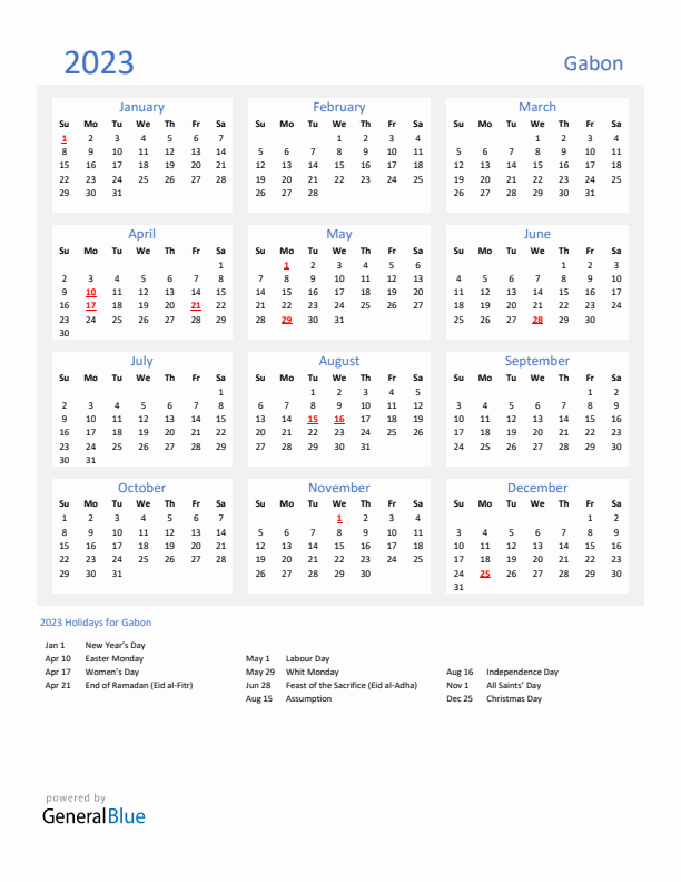 Basic Yearly Calendar with Holidays in Gabon for 2023 