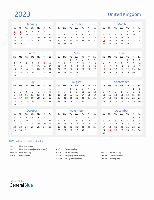 Basic Yearly Calendar with Holidays in United Kingdom for 2023 