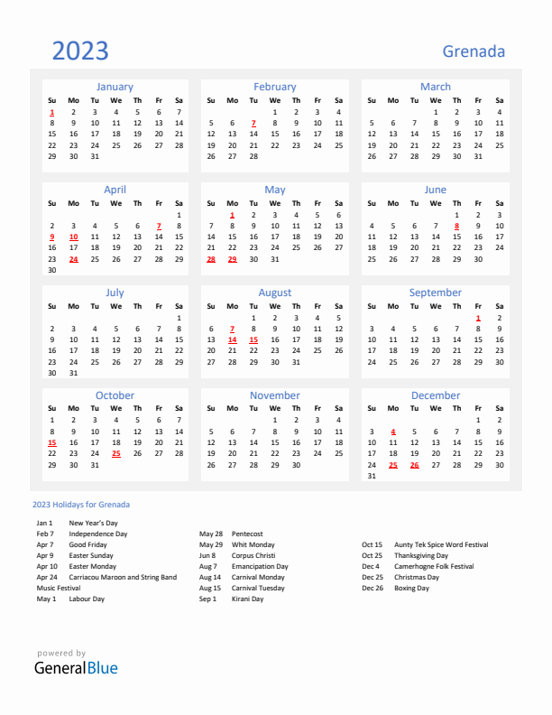 Basic Yearly Calendar with Holidays in Grenada for 2023 