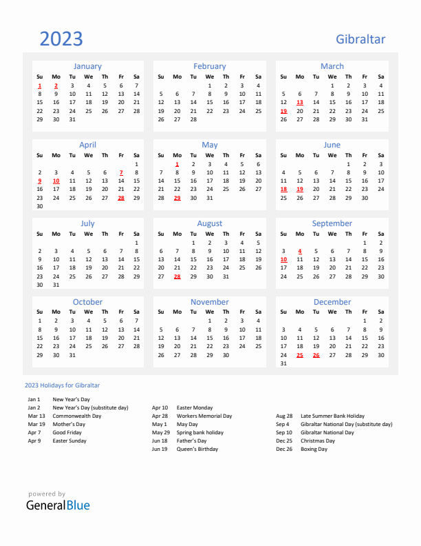 Basic Yearly Calendar with Holidays in Gibraltar for 2023 