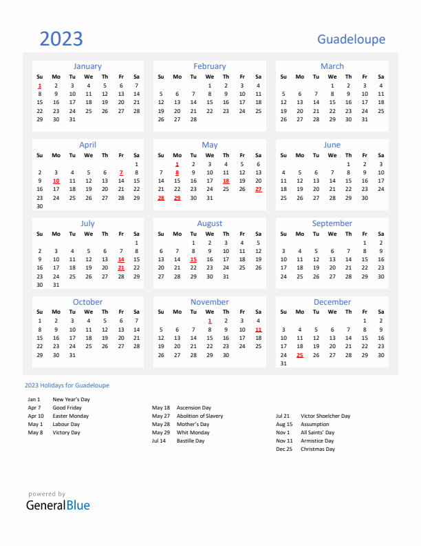 Basic Yearly Calendar with Holidays in Guadeloupe for 2023 