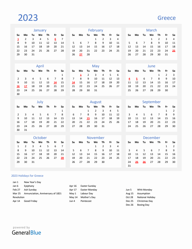 Basic Yearly Calendar with Holidays in Greece for 2023 