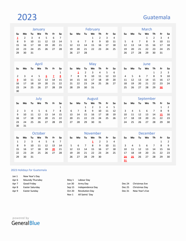 Basic Yearly Calendar with Holidays in Guatemala for 2023 