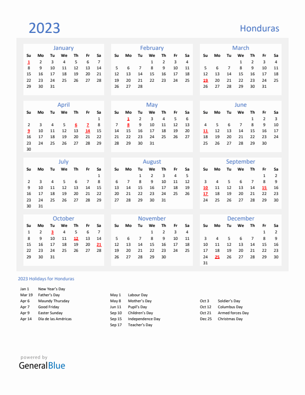 Basic Yearly Calendar with Holidays in Honduras for 2023 