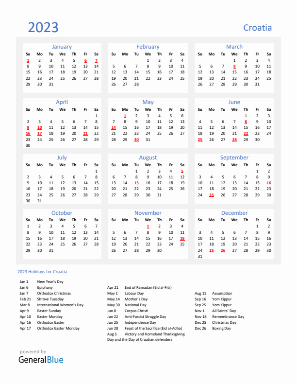 Basic Yearly Calendar with Holidays in Croatia for 2023 