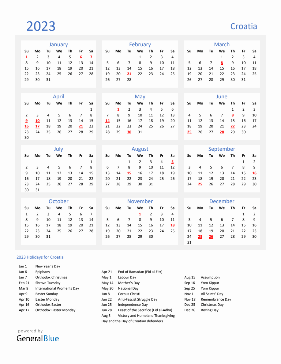 Basic Yearly Calendar With Holidays In Croatia For 2023   2023 Calendar Basic With Holidays Portrait Sunday Start En Hr 918x1188 