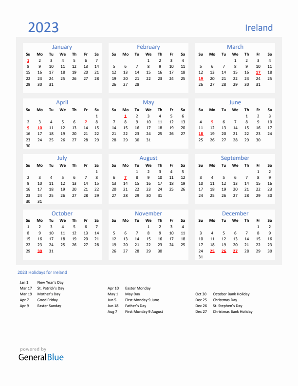 Basic Yearly Calendar with Holidays in Ireland for 2023 