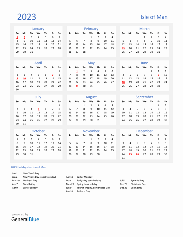 Basic Yearly Calendar with Holidays in Isle of Man for 2023 