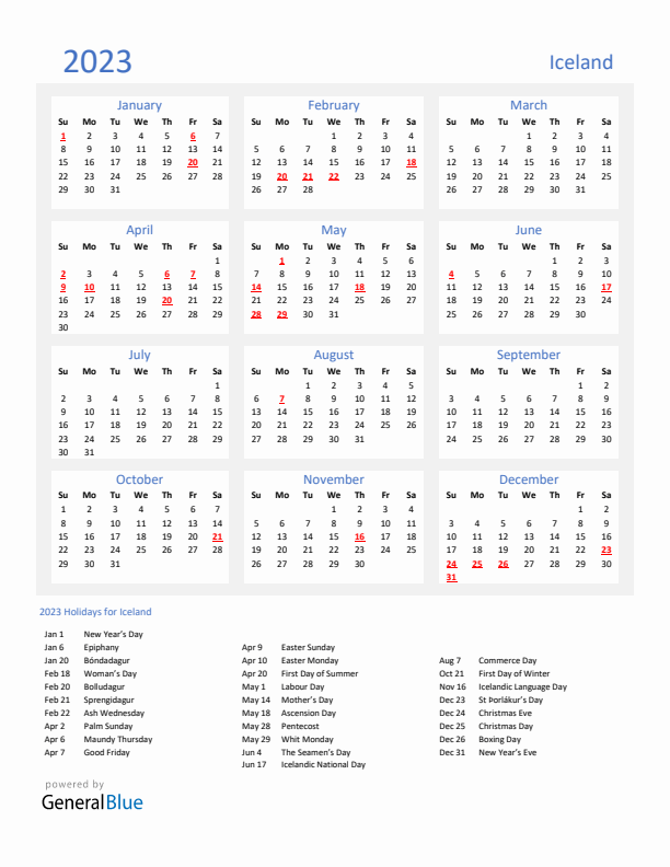 Basic Yearly Calendar with Holidays in Iceland for 2023 